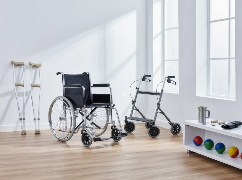 A wheelchair, a rollator walker and crutches in a bright white room, beside a shelf of therapy balls and daily living aids