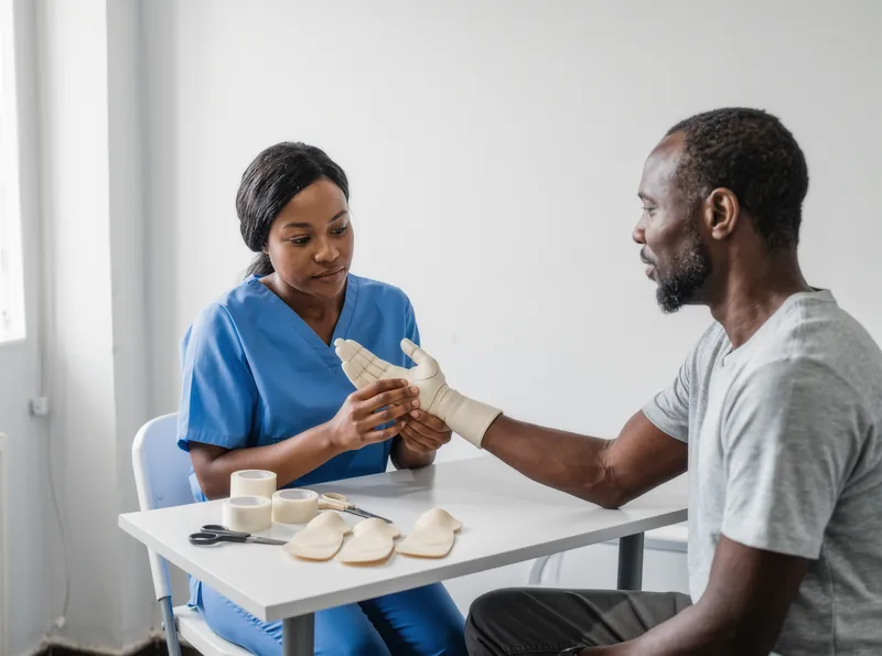 A therapist fits a custom hand and wrist splint on a man's forearm at a white table